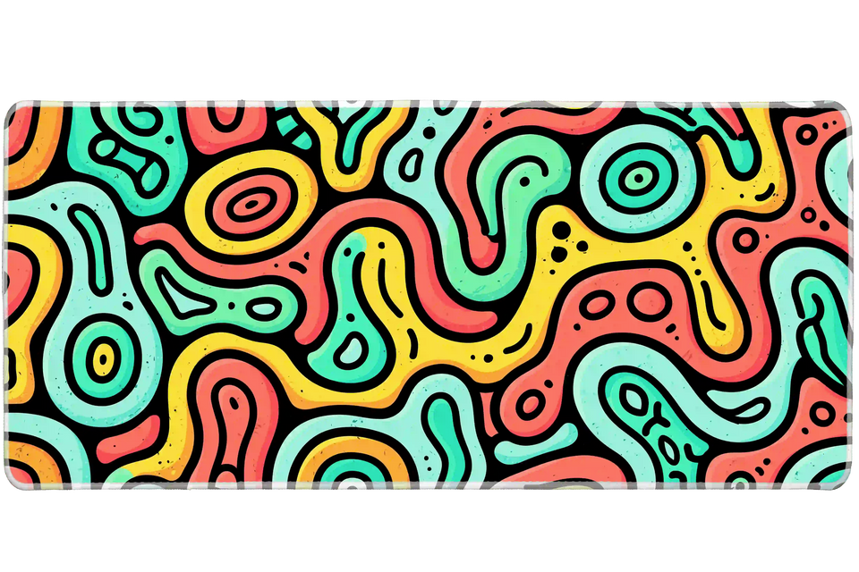Extended mouse pad featuring the full retro groovy colorful blob pattern design for work or gaming