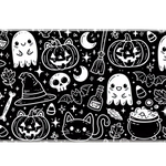 Black and white Halloween doodle desk mat with smiling ghosts, cats, pumpkins, bats, witch hats and potion bottles