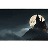 Haunted house desk mat with a black crooked mansion, orange windows, bats, gray fog and a pale full moon
