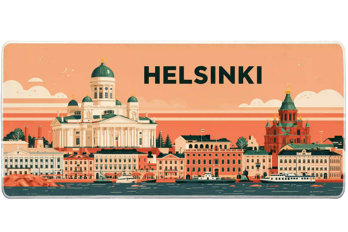 Helsinki desk mat artwork showing green cathedral domes and waterfront buildings below a coral sky