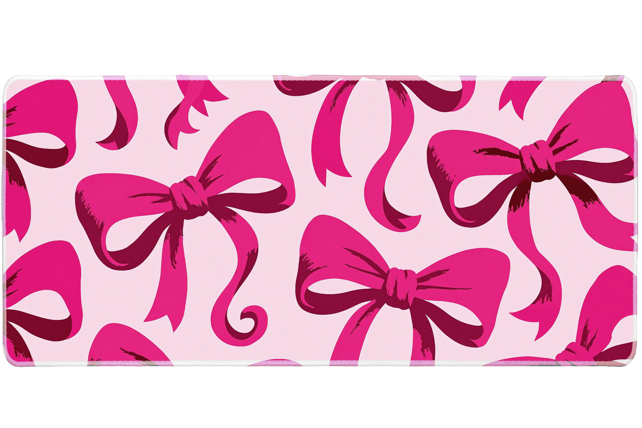 Hot Pink Bow Oversized Ribbon desk mat with oversized ribbon artwork on a soft pink background