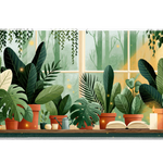 Houseplant Window Desk Mat | Cozy Open Book artwork on an extended desk mat with houseplant window design