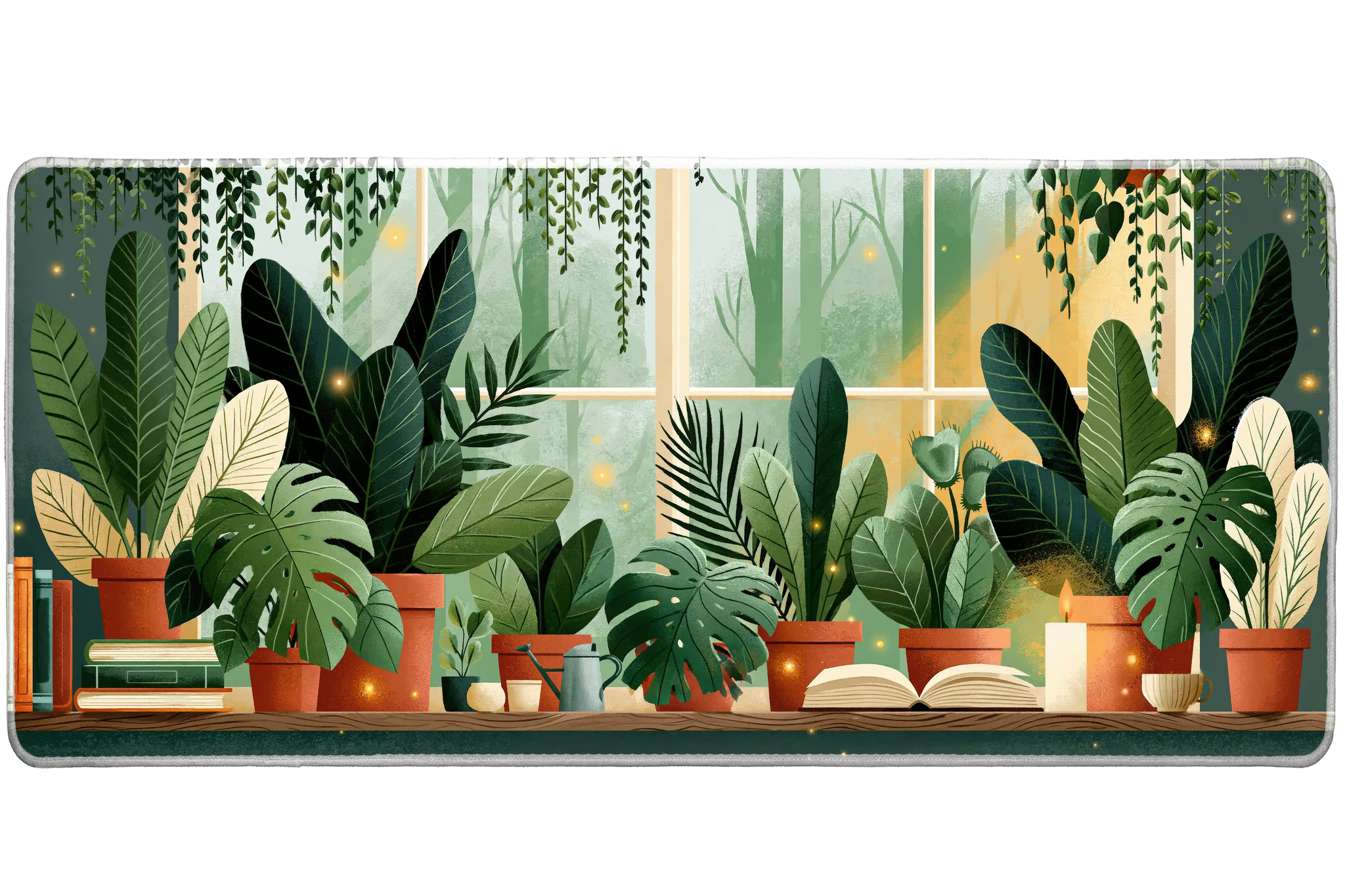 Houseplant Window Desk Mat | Cozy Open Book artwork on an extended desk mat with houseplant window design
