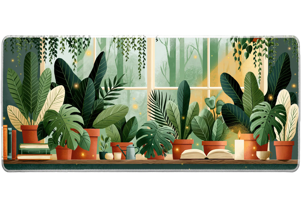 Houseplant Window Desk Mat | Cozy Open Book artwork on an extended desk mat with houseplant window design