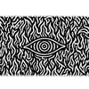 Black and white hypnotic eye desk mat with a central eye surrounded by swirling flame shapes and spirals