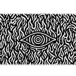 Black and white hypnotic eye desk mat with a central eye surrounded by swirling flame shapes and spirals