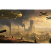 Dieselpunk airship industrial city artwork on an extended desk mat for a full keyboard and mouse layout