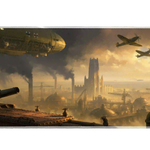 Dieselpunk airship industrial city artwork on an extended desk mat for a full keyboard and mouse layout