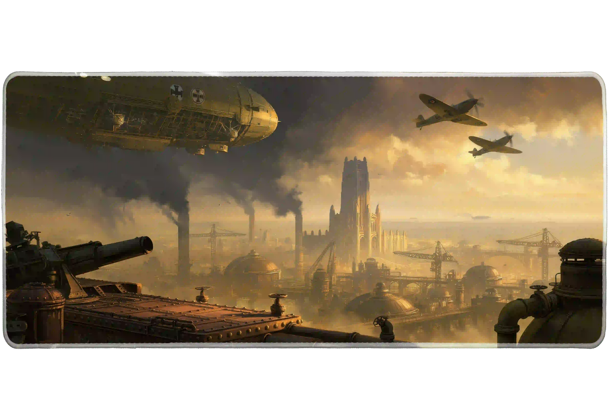 Dieselpunk airship industrial city artwork on an extended desk mat for a full keyboard and mouse layout