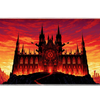 Infernal gothic cathedral desk mat with black spires, glowing red windows and flames beneath an orange sky