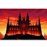 Infernal gothic cathedral desk mat with black spires, glowing red windows and flames beneath an orange sky