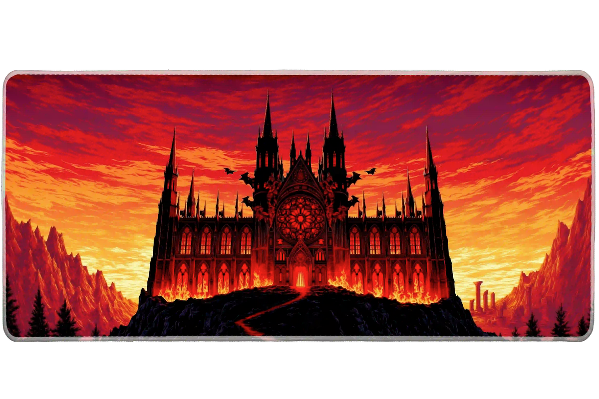 Infernal gothic cathedral desk mat with black spires, glowing red windows and flames beneath an orange sky