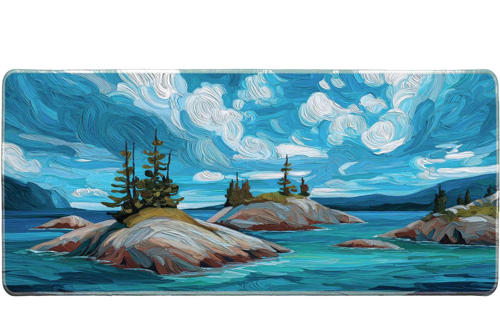 Landscape 36x16in custom desk mat with painted lake islands and vivid clouds, non-slip rubber base – PrintMyPad