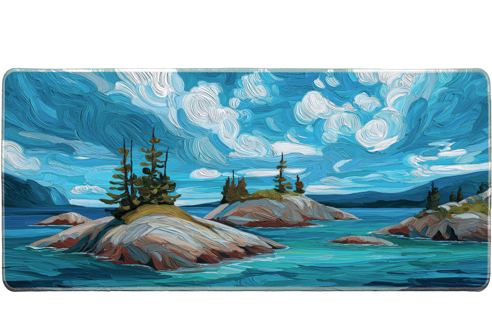 Landscape 36x16in custom desk mat with painted lake islands and vivid clouds, non-slip rubber base – PrintMyPad