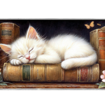 Sleeping Kitten Books Desk Mat | Library Mouse Pad artwork on an extended desk mat with white kitten sleeping on vintage books