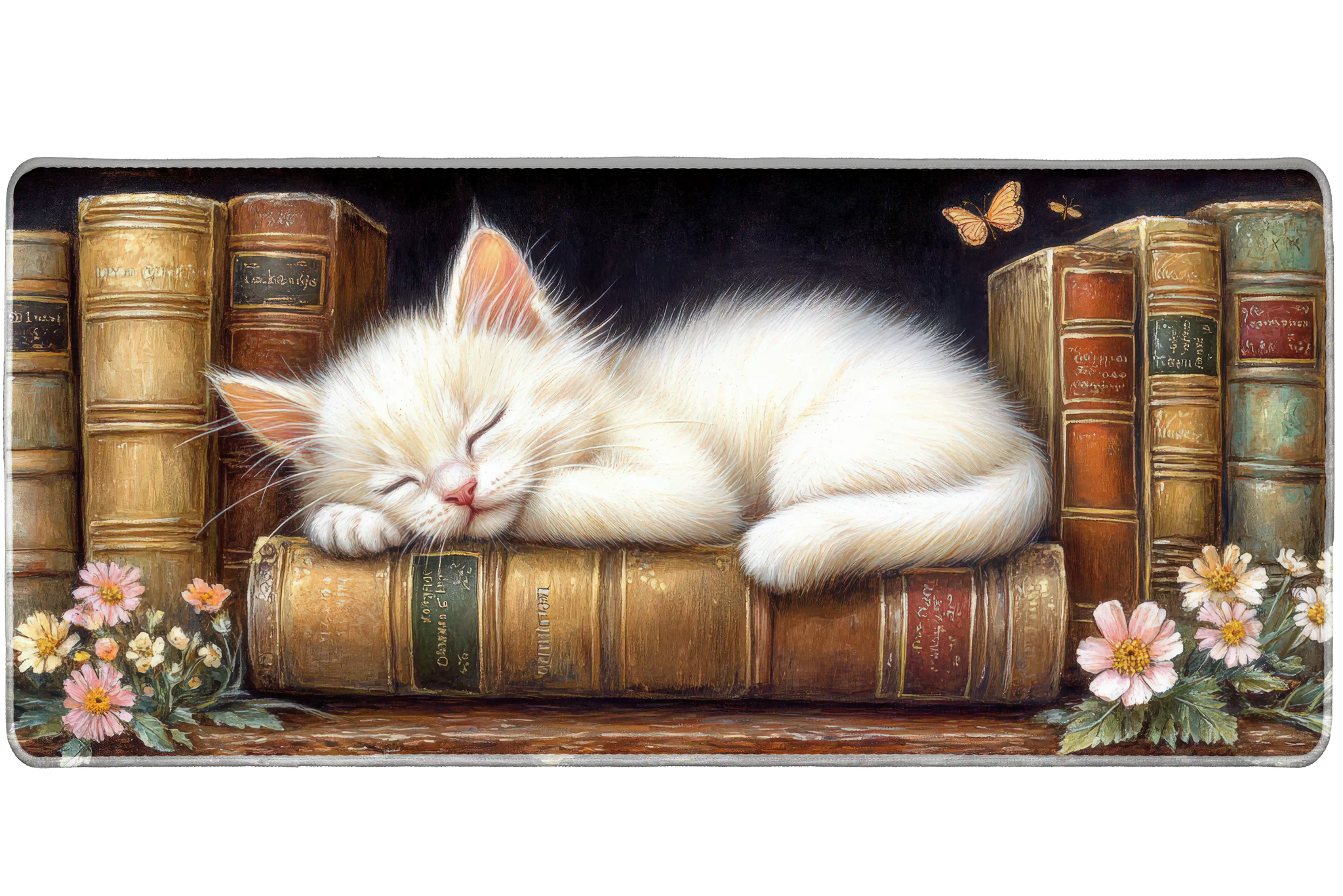 Sleeping Kitten Books Desk Mat | Library Mouse Pad artwork on an extended desk mat with white kitten sleeping on vintage books