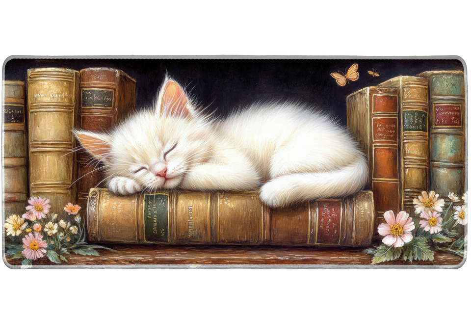 Sleeping Kitten Books Desk Mat | Library Mouse Pad artwork on an extended desk mat with white kitten sleeping on vintage books