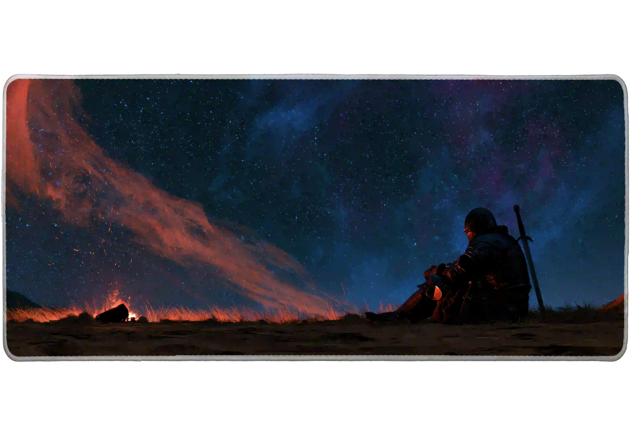 Wide view of the Dark Fantasy Knight desk mat featuring a lone knight and warm campfire beneath a sweeping star field