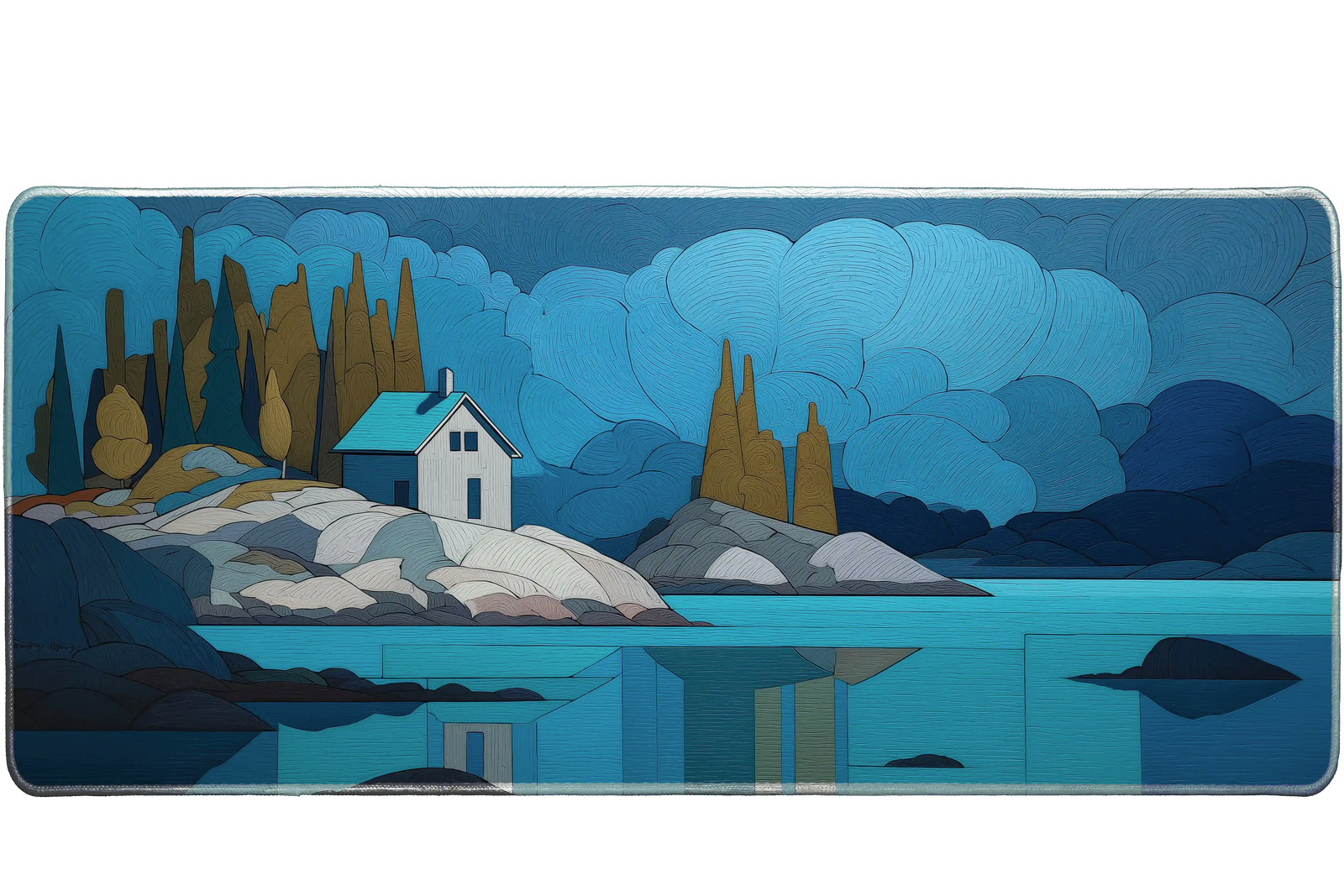 Landscape 36x16in custom desk mat with cabin by lake, stitched edge – PrintMyPad