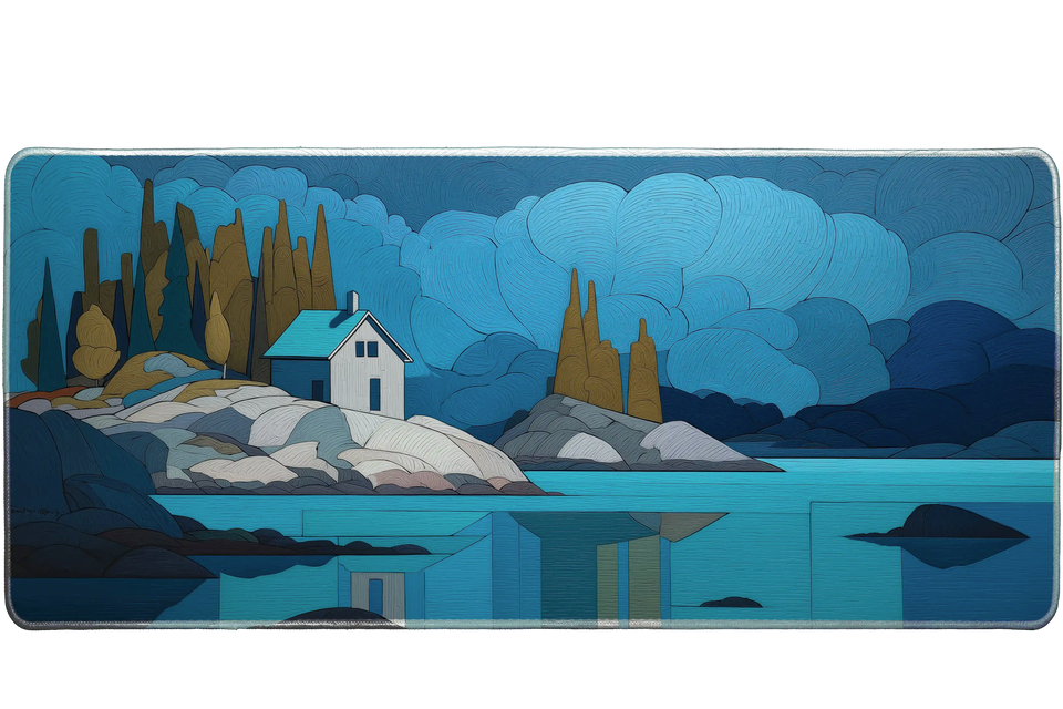 Landscape 36x16in custom desk mat with cabin by lake, stitched edge – PrintMyPad