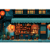 Lantern Street Desk Mat | Japanese Cafe Mouse Pad artwork on an extended desk mat with warm lantern cafe street artwork