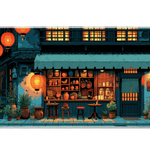 Lantern Street Desk Mat | Japanese Cafe Mouse Pad artwork on an extended desk mat with warm lantern cafe street artwork