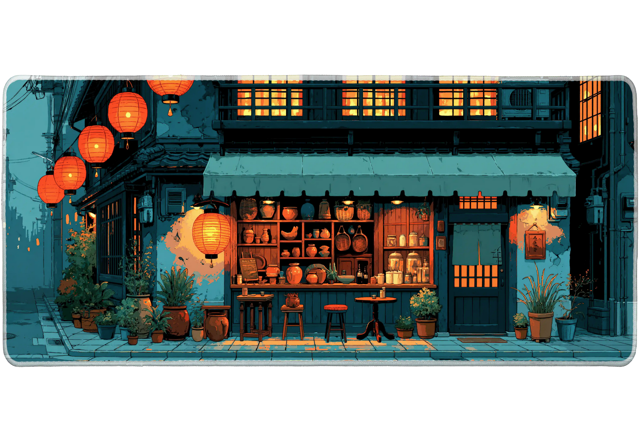 Lantern Street Desk Mat | Japanese Cafe Mouse Pad artwork on an extended desk mat with warm lantern cafe street artwork