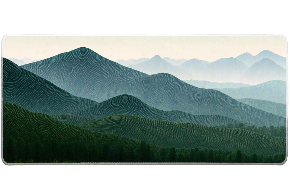 Layered Mountain desk mat artwork in a wide product view