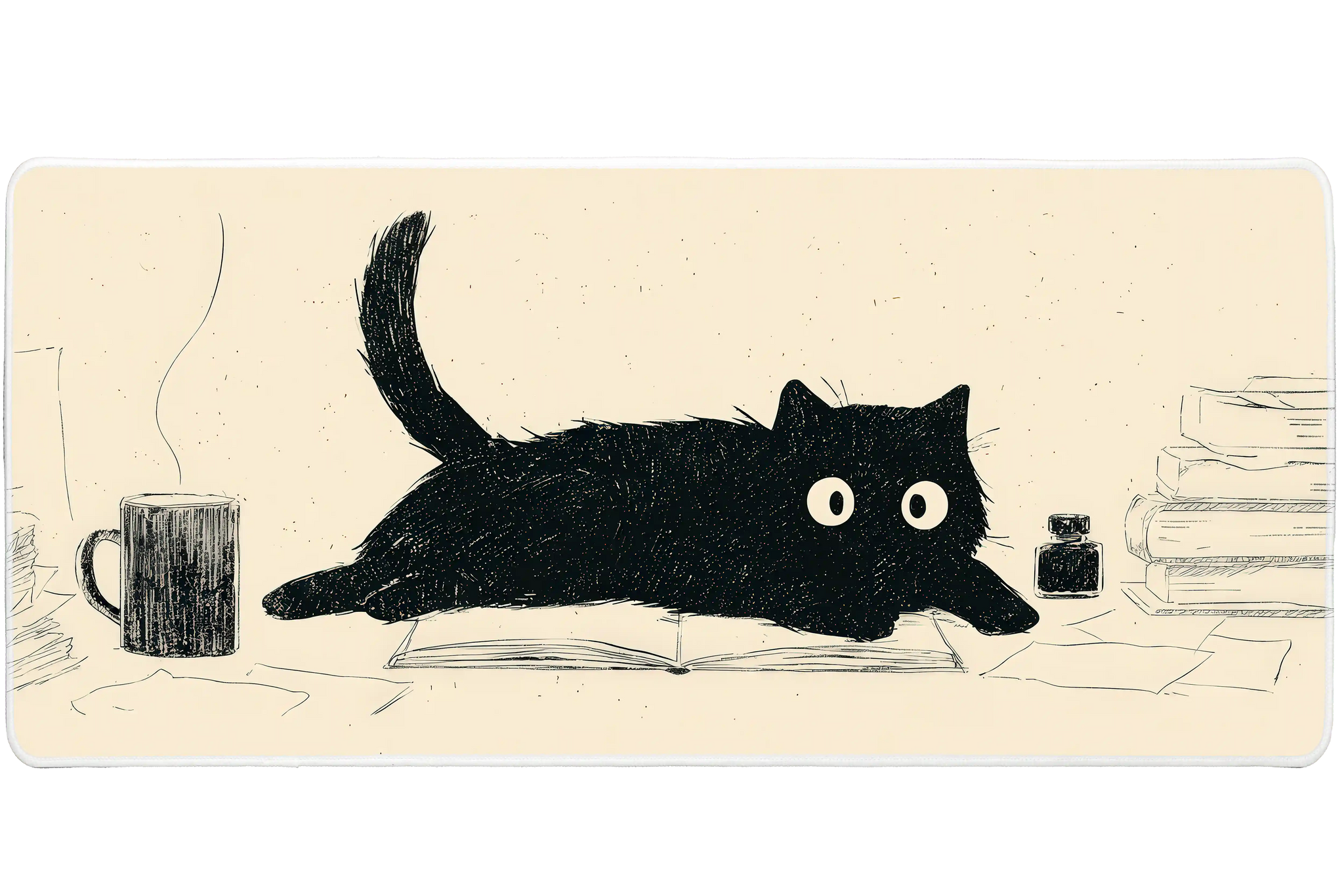 Black Cat Study Minimal Book Lover desk mat with a curious cat stretched across an open book, with a