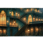 Gothic Library Hall Desk Mat | Lantern Stairs artwork on an extended desk mat with gothic library hall design