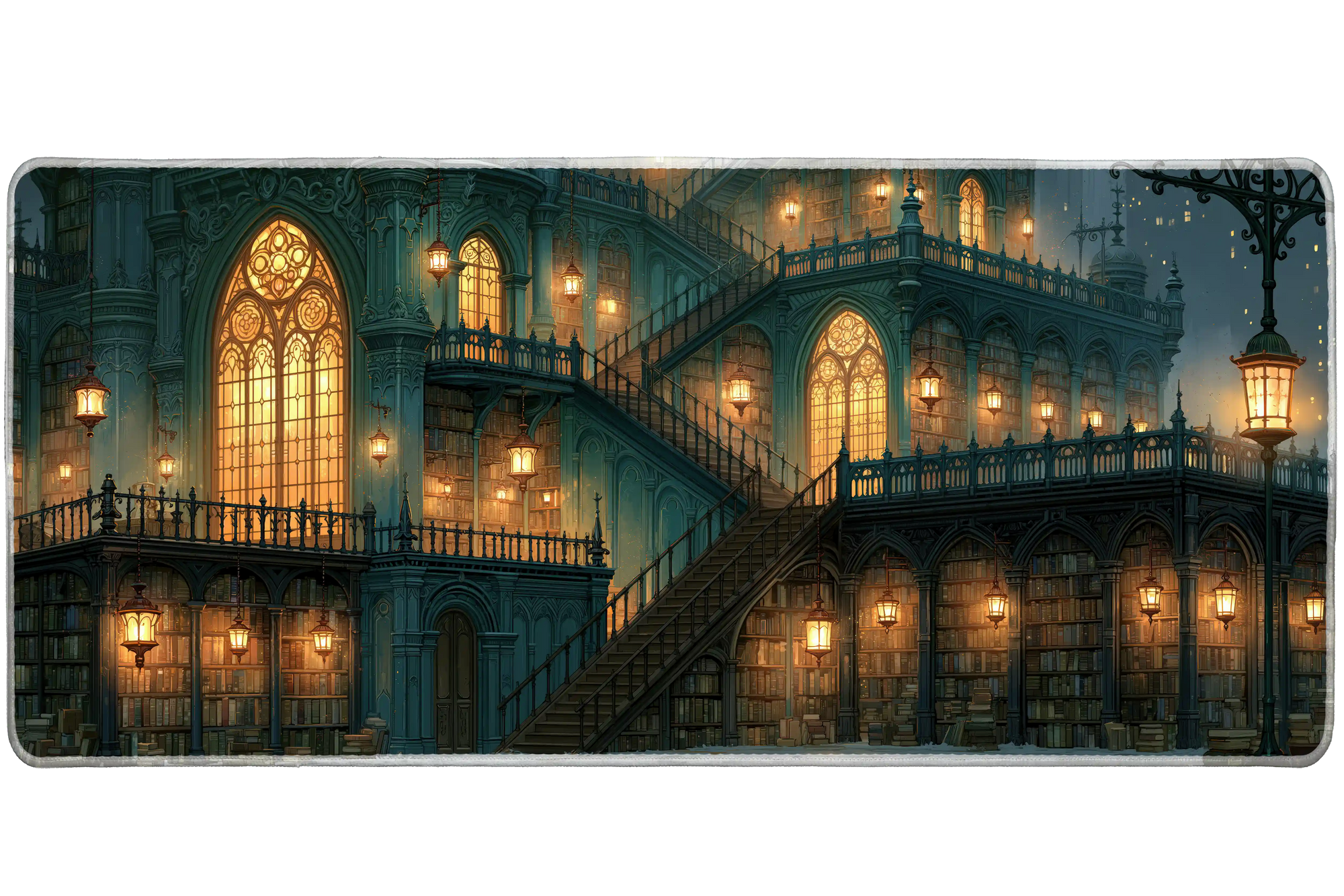 Gothic Library Hall Desk Mat | Lantern Stairs artwork on an extended desk mat with gothic library hall design