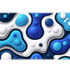 Blue abstract desk mat with glossy-looking printed bubbles, cyan and navy liquid shapes, white layers and gray shadows