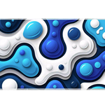 Blue abstract desk mat with glossy-looking printed bubbles, cyan and navy liquid shapes, white layers and gray shadows