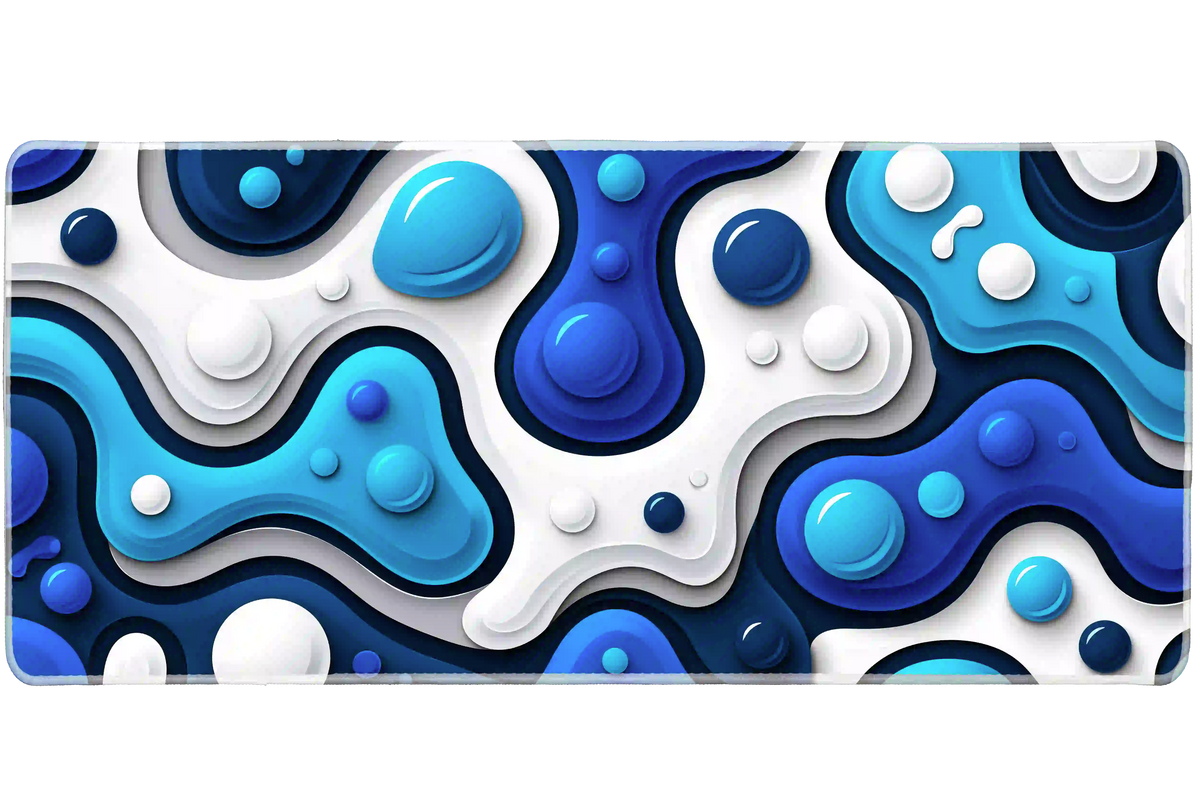 Blue abstract desk mat with glossy-looking printed bubbles, cyan and navy liquid shapes, white layers and gray shadows