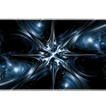 Wide chrome starburst liquid metal desk mat displaying the complete artwork across a desktop