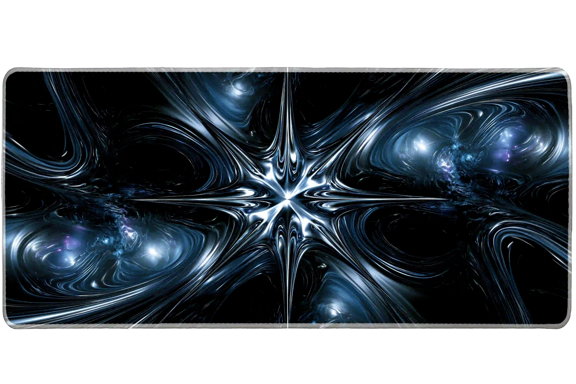 Wide chrome starburst liquid metal desk mat displaying the complete artwork across a desktop