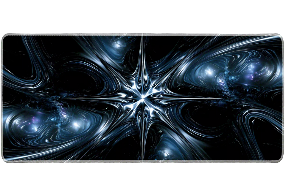 Wide chrome starburst liquid metal desk mat displaying the complete artwork across a desktop
