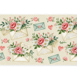Cream floral desk mat with pink roses, white daisies, green envelopes, handwritten letters and small hearts