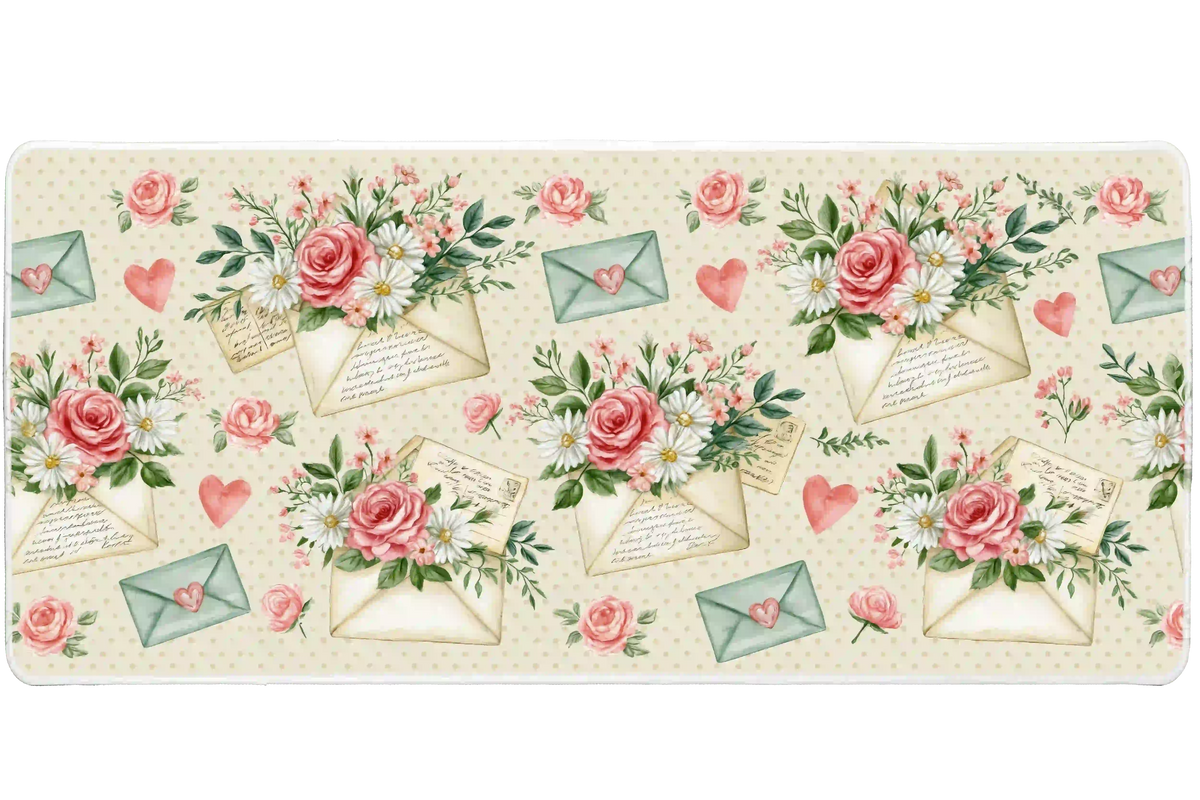 Cream floral desk mat with pink roses, white daisies, green envelopes, handwritten letters and small hearts