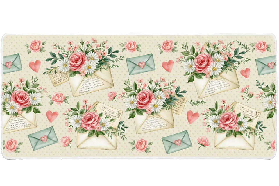Cream floral desk mat with pink roses, white daisies, green envelopes, handwritten letters and small hearts