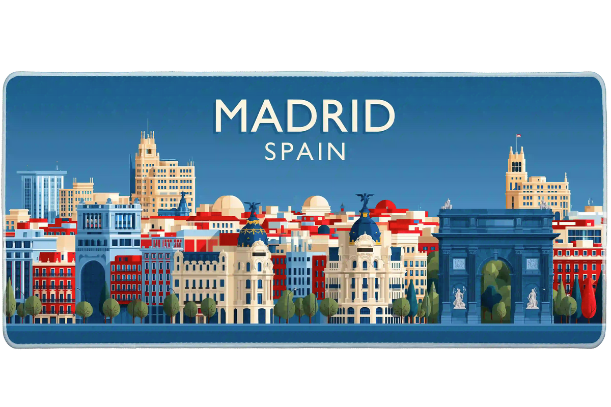 Madrid desk mat artwork showing blue monumental buildings and red rooftops beneath Madrid lettering