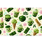 Matcha Dessert Desk Mat | Kawaii Green Tea Mouse Pad artwork on an extended desk mat with kawaii matcha dessert and green tea artwork