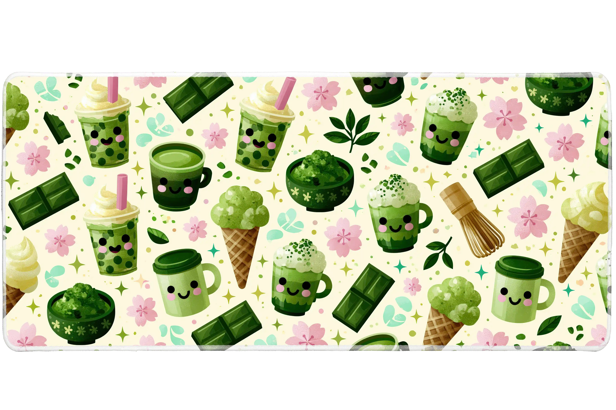 Matcha Dessert Desk Mat | Kawaii Green Tea Mouse Pad artwork on an extended desk mat with kawaii matcha dessert and green tea artwork