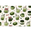 Kawaii Matcha Lover Desk Mat | Green Tea Mouse Pad artwork on an extended desk mat with kawaii matcha drinks and green tea dessert artwork