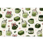 Kawaii Matcha Lover Desk Mat | Green Tea Mouse Pad artwork on an extended desk mat with kawaii matcha drinks and green tea dessert artwork