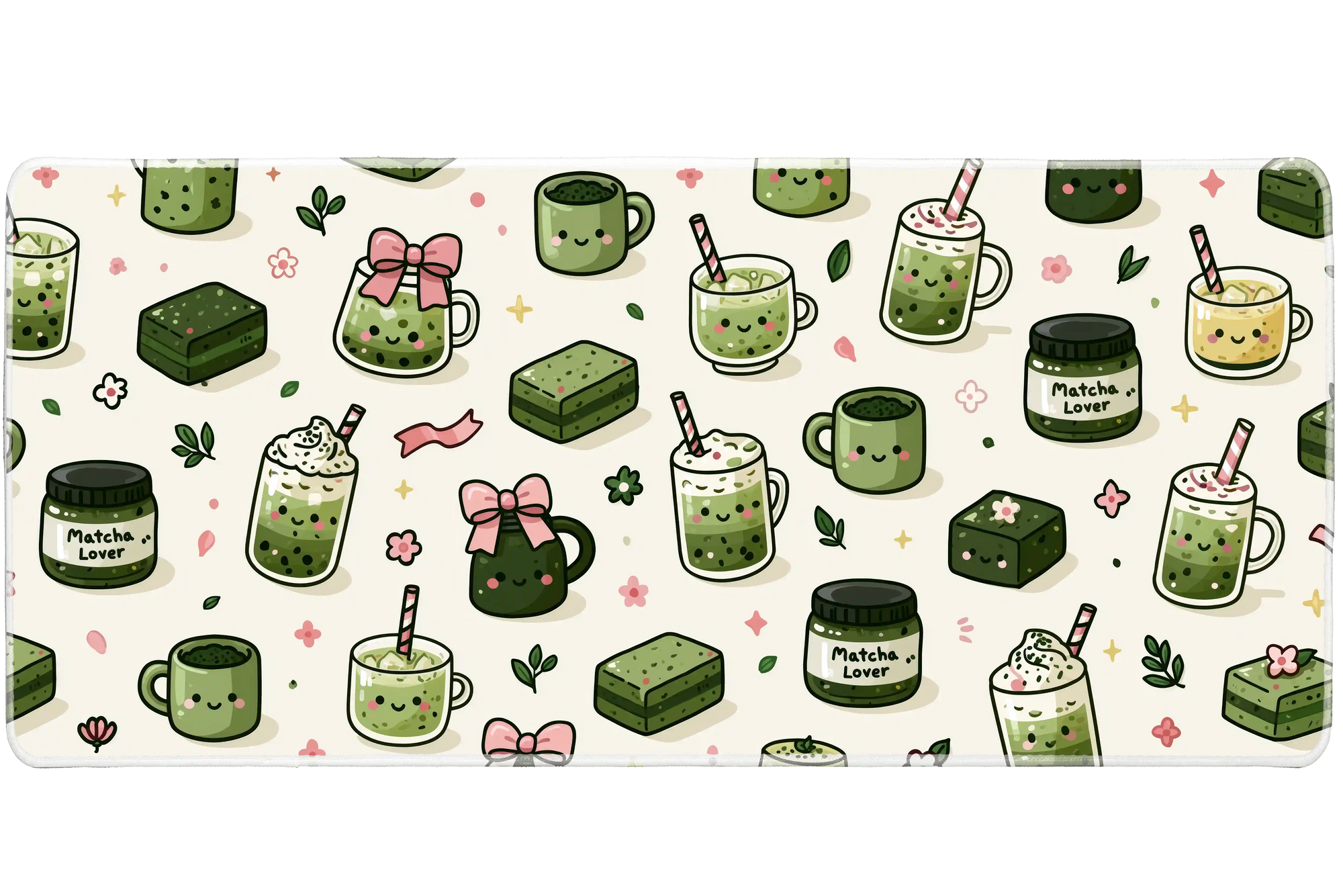 Kawaii Matcha Lover Desk Mat | Green Tea Mouse Pad artwork on an extended desk mat with kawaii matcha drinks and green tea dessert artwork