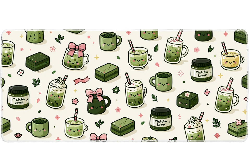 Kawaii Matcha Lover Desk Mat | Green Tea Mouse Pad artwork on an extended desk mat with kawaii matcha drinks and green tea dessert artwork
