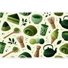 Matcha Tea Pattern Desk Mat | Green Cafe Mouse Pad artwork on an extended desk mat with green matcha tea drink and dessert pattern