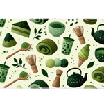 Matcha Tea Pattern Desk Mat | Green Cafe Mouse Pad artwork on an extended desk mat with green matcha tea drink and dessert pattern