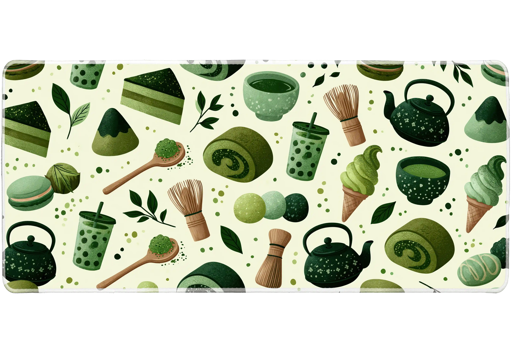 Matcha Tea Pattern Desk Mat | Green Cafe Mouse Pad artwork on an extended desk mat with green matcha tea drink and dessert pattern